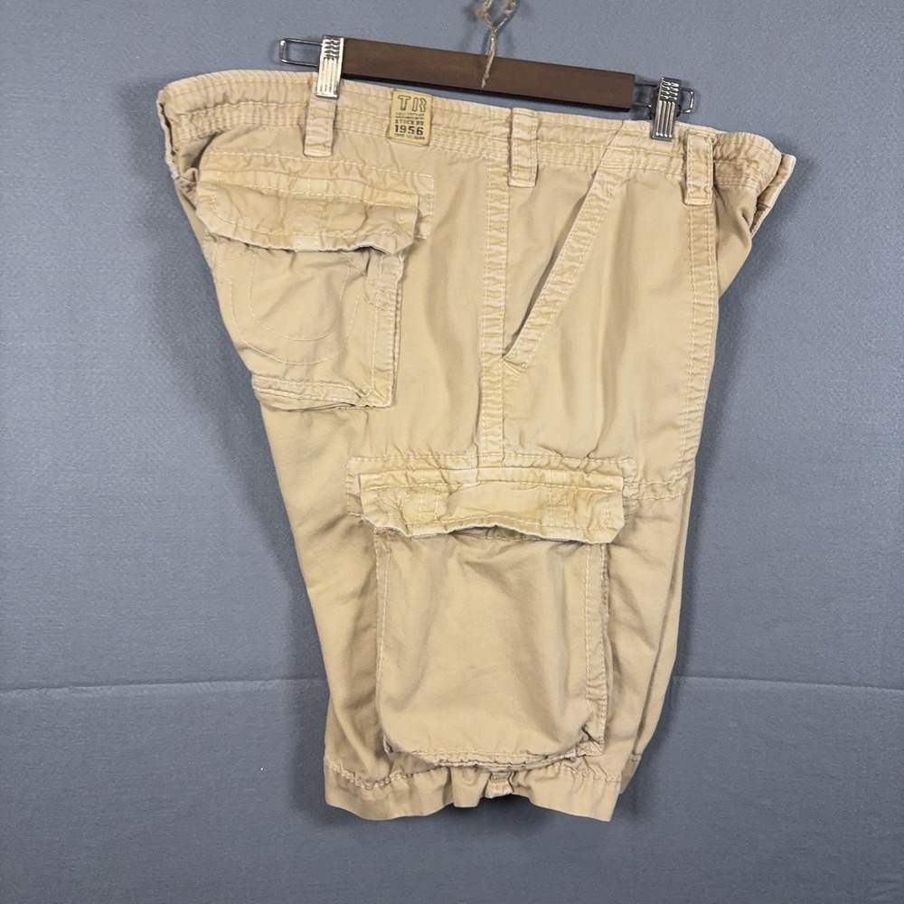 True Religion Cargo Shorts Mens 36 Khaki Cotton Utility Flap Pockets Baggy - Picture 3 of 14